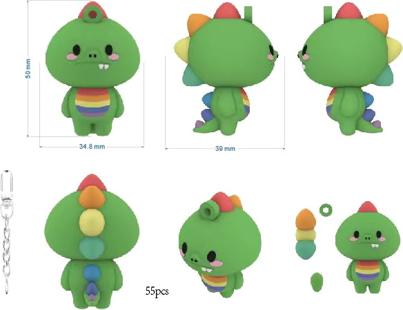Custom 3D model - Dinosaur keyring, 50 mm · rainbow-belly character, 55 mm hoop