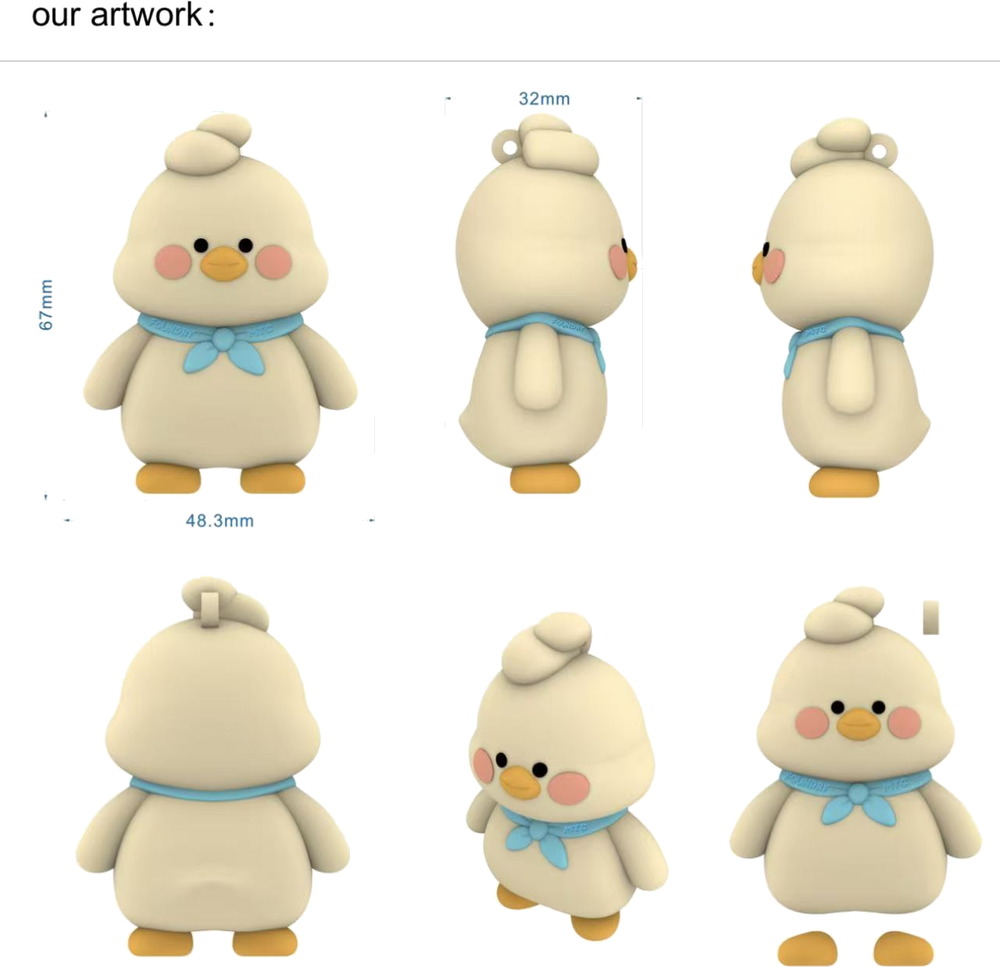 Custom 3D model - Duck mascot, 67 mm · scarf detail, full part breakdown
